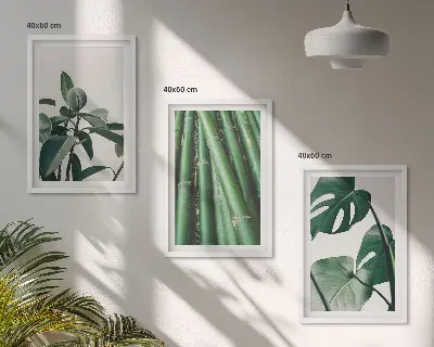 Bilder-3er-Set mit Rahmen Motiv Bambusstängel und Monstera-Blätter