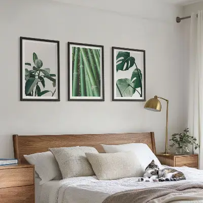 Bilder-3er-Set mit Rahmen Motiv Bambusstängel und Monstera-Blätter