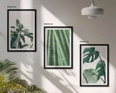Bilder-3er-Set mit Rahmen Motiv Bambusstängel und Monstera-Blätter