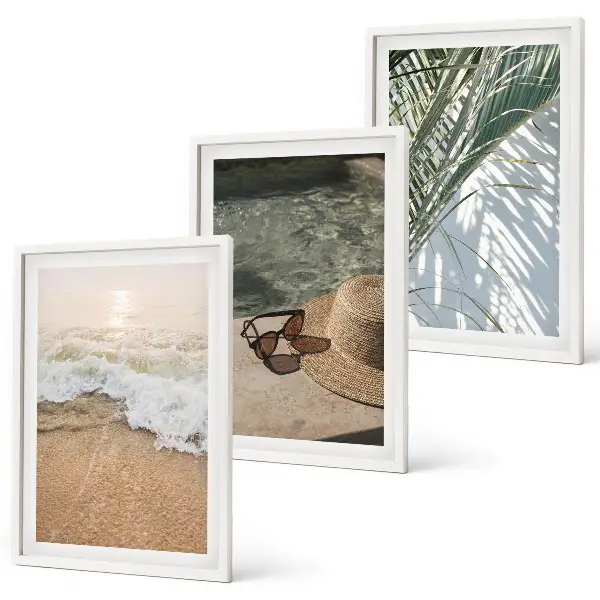 3er-Set Bilder mit Rahmen Motiv Strandhut und Sonnenbrille