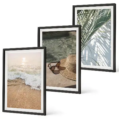 3er-Set Bilder mit Rahmen Motiv Strandhut und Sonnenbrille