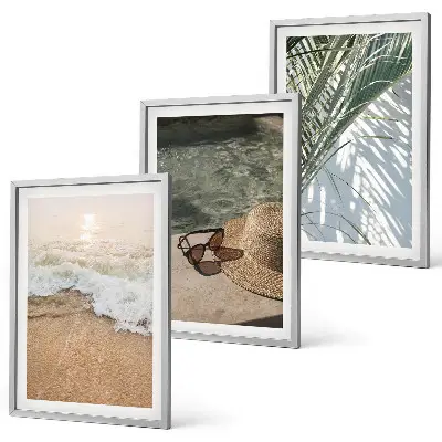 3er-Set Bilder mit Rahmen Motiv Strandhut und Sonnenbrille