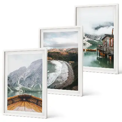 Gerahmtes Bilderset mit Motiven von Bergen, See, Boot, Strand und Landschaft