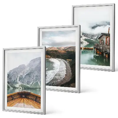 Gerahmtes Bilderset mit Motiven von Bergen, See, Boot, Strand und Landschaft