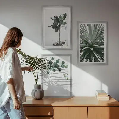 3er-Set Bilder mit Rahmen mit minimalistischen grünen Pflanzenmotiven