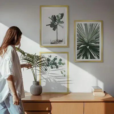 3er-Set Bilder mit Rahmen mit minimalistischen grünen Pflanzenmotiven