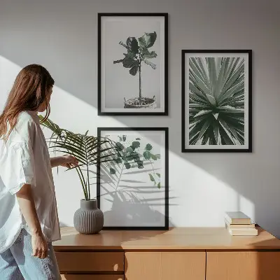 3er-Set Bilder mit Rahmen mit minimalistischen grünen Pflanzenmotiven