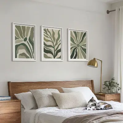 3er-Set Pflanzenbilder mit Rahmen in Grün und Beige