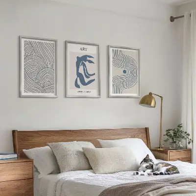 Abstrakte blaue Linien 3er-Set Bilder mit Rahmen
