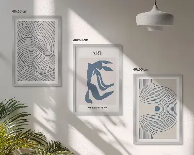 Abstrakte blaue Linien 3er-Set Bilder mit Rahmen