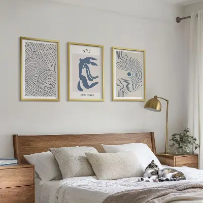 Abstrakte blaue Linien 3er-Set Bilder mit Rahmen