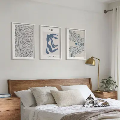 Abstrakte blaue Linien 3er-Set Bilder mit Rahmen