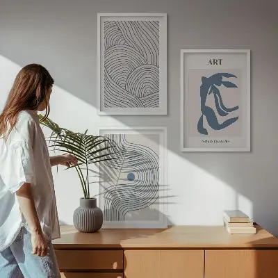 Abstrakte blaue Linien 3er-Set Bilder mit Rahmen