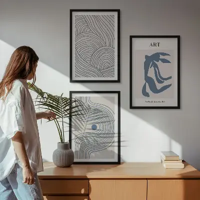 Abstrakte blaue Linien 3er-Set Bilder mit Rahmen