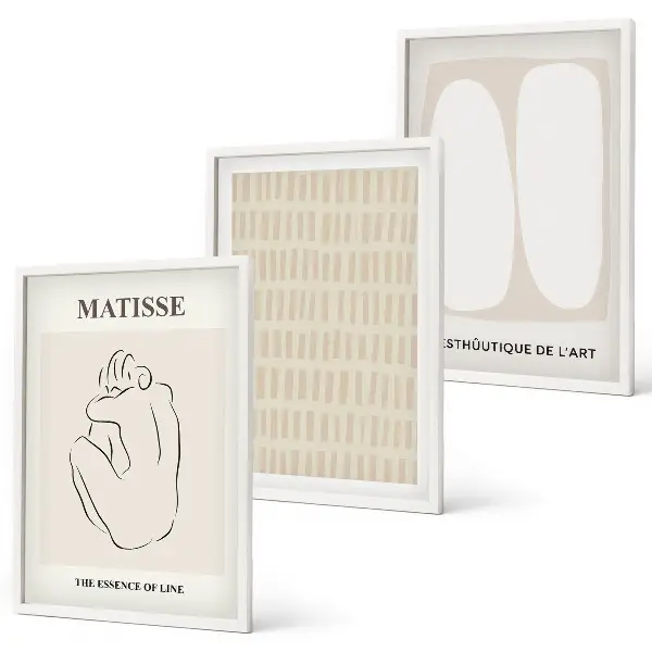 3er-Set Wandbilder mit Rahmen in Beige und Weiß mit Linien und Formen