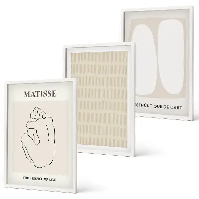 3er-Set Wandbilder mit Rahmen in Beige und Weiß mit Linien und Formen