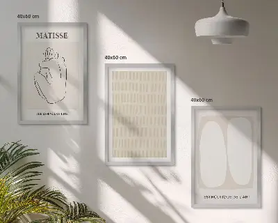 3er-Set Wandbilder mit Rahmen in Beige und Weiß mit Linien und Formen
