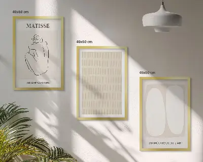 3er-Set Wandbilder mit Rahmen in Beige und Weiß mit Linien und Formen