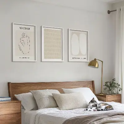 3er-Set Wandbilder mit Rahmen in Beige und Weiß mit Linien und Formen