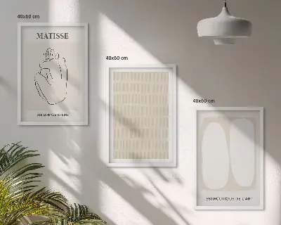3er-Set Wandbilder mit Rahmen in Beige und Weiß mit Linien und Formen