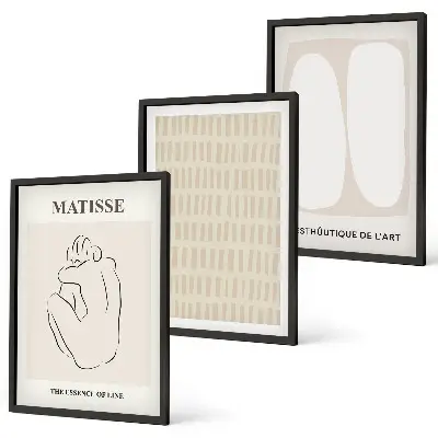 3er-Set Wandbilder mit Rahmen in Beige und Weiß mit Linien und Formen