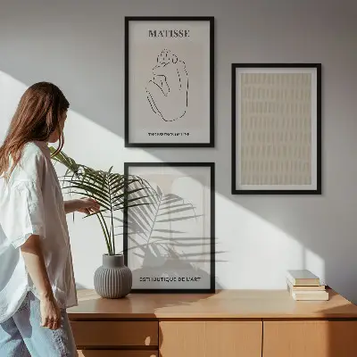 3er-Set Wandbilder mit Rahmen in Beige und Weiß mit Linien und Formen