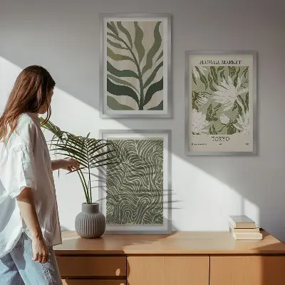 3er-Set Bilder mit Rahmen mit Pflanzenmuster im Boho-Stil