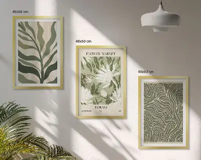 3er-Set Bilder mit Rahmen mit Pflanzenmuster im Boho-Stil