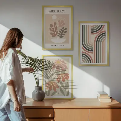 Abstrakte Pflanzen in Pastellfarben 3er-Set mit Rahmen