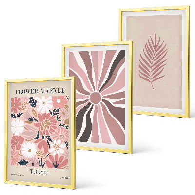 Bilder-3er-set mit rahmen Florale Blattmuster und Geometrie