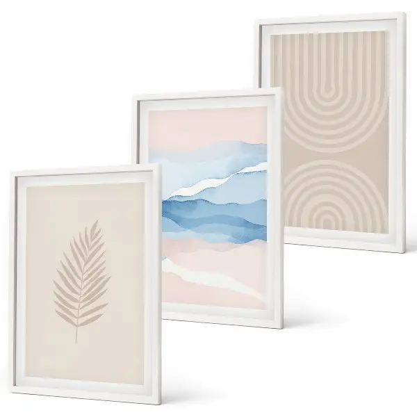 Blätterwellen Bilder-Set mit Rahmen 3er-Set in Beige und Blau