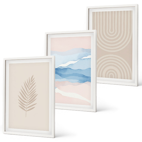 Bilder-3er-set mit rahmen Blätterwellen beige blau