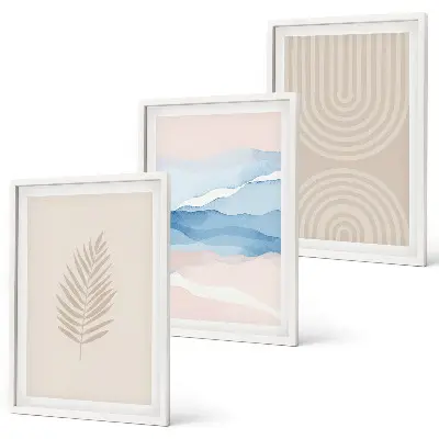 Blätterwellen Bilder-Set mit Rahmen 3er-Set in Beige und Blau