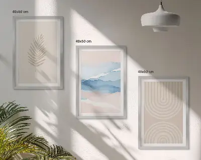 Blätterwellen Bilder-Set mit Rahmen 3er-Set in Beige und Blau