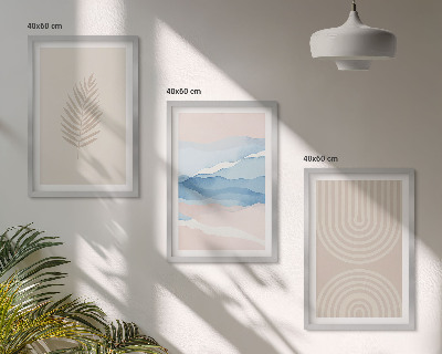 Bilder-3er-set mit rahmen Blätterwellen beige blau