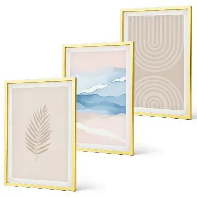 Blätterwellen Bilder-Set mit Rahmen 3er-Set in Beige und Blau