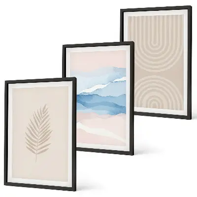 Blätterwellen Bilder-Set mit Rahmen 3er-Set in Beige und Blau