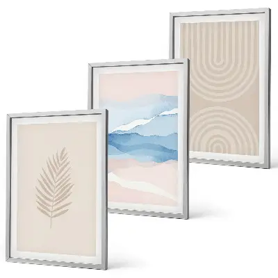 Blätterwellen Bilder-Set mit Rahmen 3er-Set in Beige und Blau