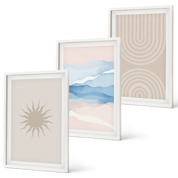 Gerahmtes bilderset Sonnenwellen abstrakte Linien Pastell