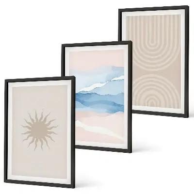 Gerahmtes Bilderset Sonnenwellen mit abstrakten Pastelllinien