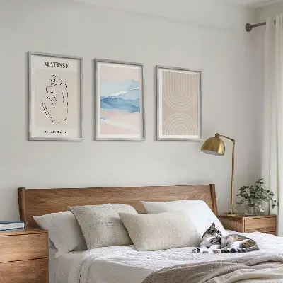 Bilderset mit Rahmen im 3er-Set Linien und Wellen in pastellfarbenem Minimalismus
