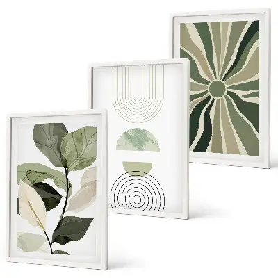 3er-Set Bilder mit Rahmen mit Pflanzenmotiven und geometrischen Mustern in Grün