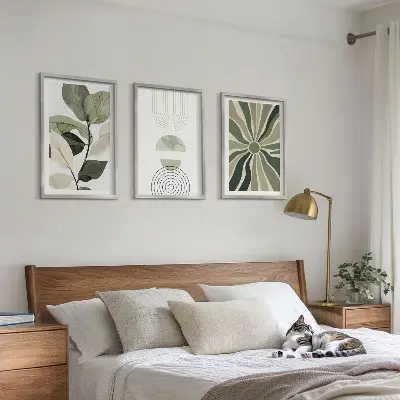 3er-Set Bilder mit Rahmen mit Pflanzenmotiven und geometrischen Mustern in Grün