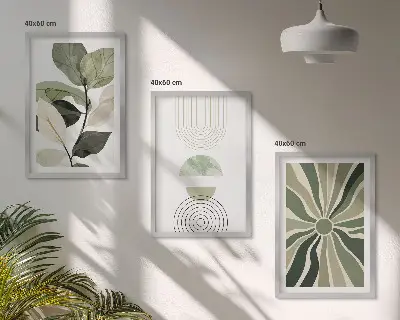 3er-Set Bilder mit Rahmen mit Pflanzenmotiven und geometrischen Mustern in Grün