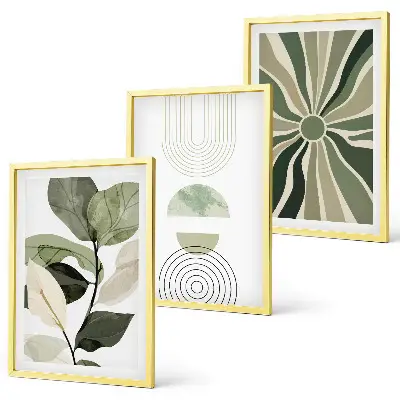 3er-Set Bilder mit Rahmen mit Pflanzenmotiven und geometrischen Mustern in Grün
