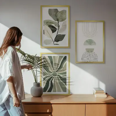 3er-Set Bilder mit Rahmen mit Pflanzenmotiven und geometrischen Mustern in Grün