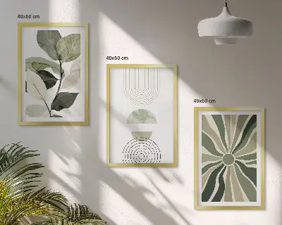 3er-Set Bilder mit Rahmen mit Pflanzenmotiven und geometrischen Mustern in Grün