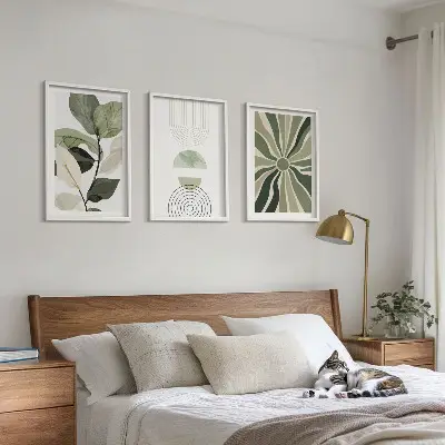 3er-Set Bilder mit Rahmen mit Pflanzenmotiven und geometrischen Mustern in Grün