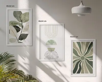 3er-Set Bilder mit Rahmen mit Pflanzenmotiven und geometrischen Mustern in Grün