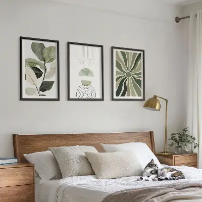3er-Set Bilder mit Rahmen mit Pflanzenmotiven und geometrischen Mustern in Grün